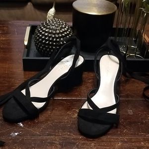 Black ankle tie sandal heels